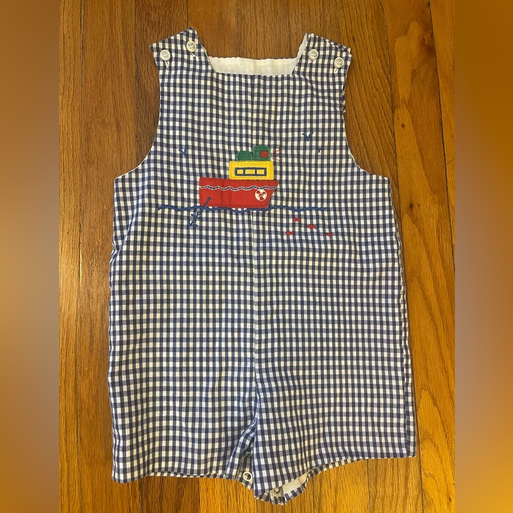 Bailey Boys Blue Gingham Baby Jon Jon Size 2 Shortall with Boat Applique